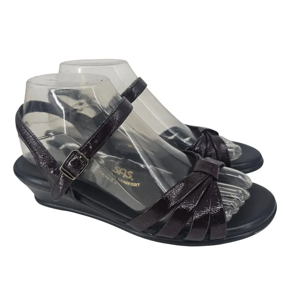 SAS Strippy Patent Leather Wedge Sandals in a wine/burgundy Red women's Size 7 M